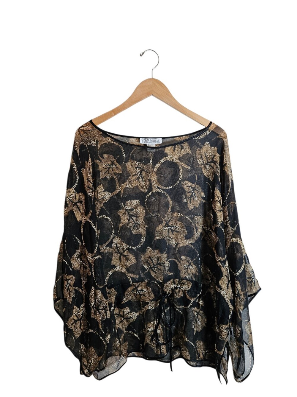 VTG 90's Diane Von Furstenberg Black/Tan Silk Chiffon Leaf Kimono Blouse Size 1X